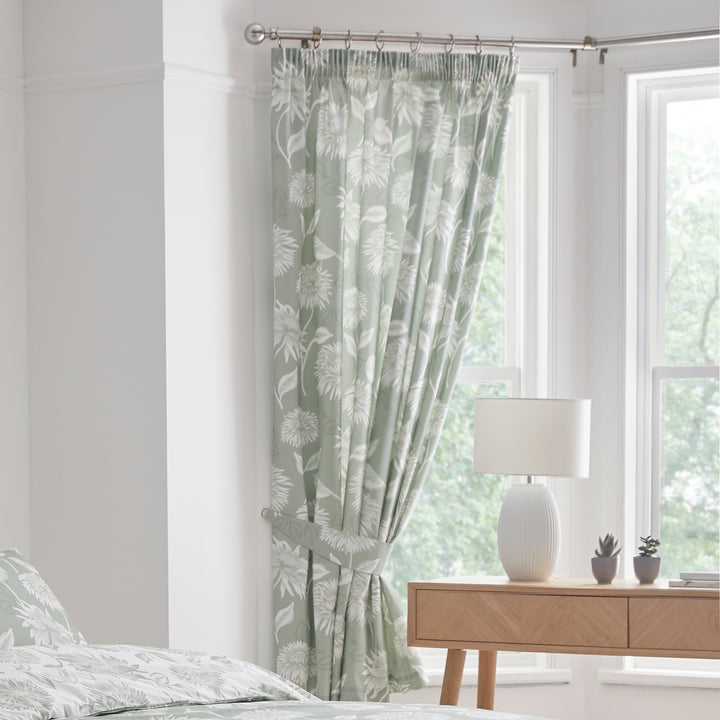 Chrysanthemum Pair of Pencil Pleat Curtains With Tie-Backs by Dreams & Drapes Design in Green - Pair of Pencil Pleat Curtains With Tie-Backs - Dreams & Drapes Design