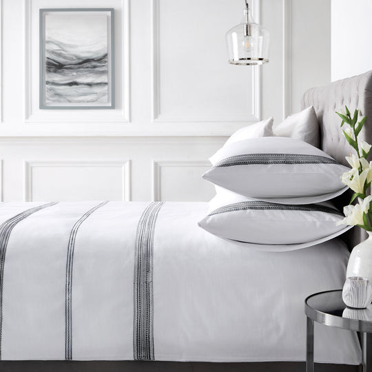 Embroidered Bands Duvet Cover Set in Black