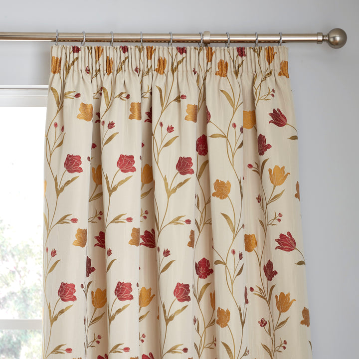 Juliette Pair of Pencil Pleat Curtains by Curtina in Natural & Red - Pair of Pencil Pleat Curtains - Curtina