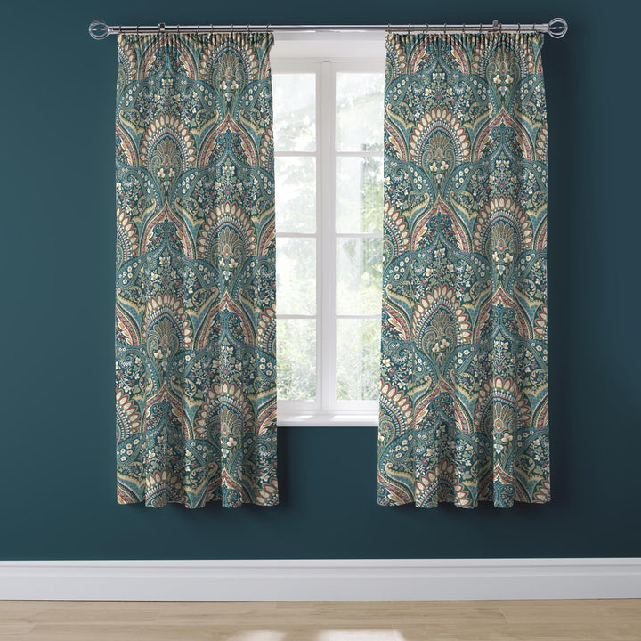 Palais Pair of Pencil Pleat Curtains With Tie-Backs by Dreams & Drapes Design in Teal - Pair of Pencil Pleat Curtains With Tie-Backs - Dreams & Drapes Design