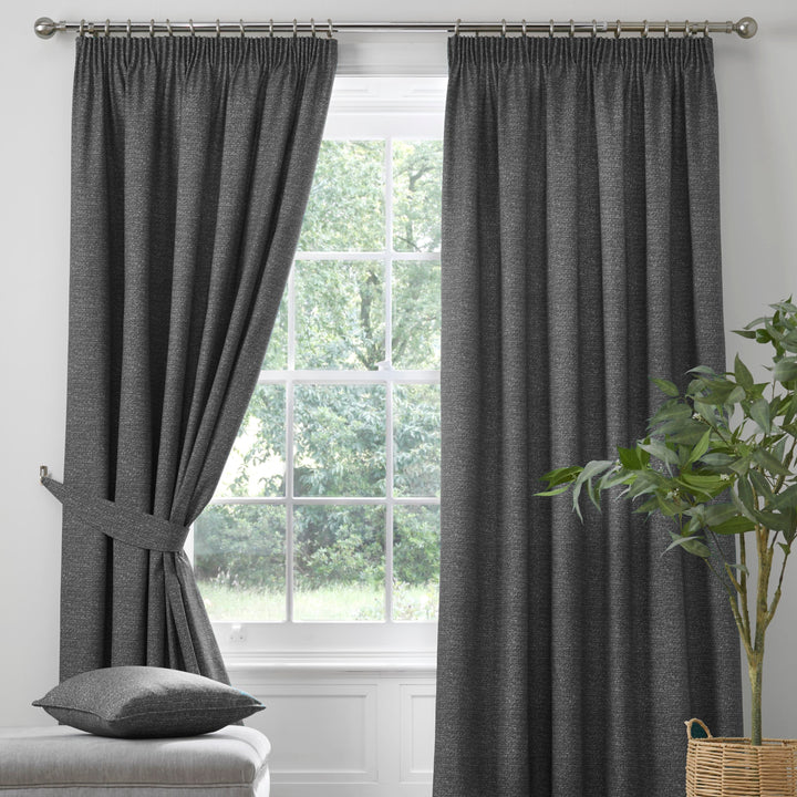 Pembrey Pair of Pencil Pleat Curtains With Tie-Backs by Dreams & Drapes in Charcoal - Pair of Pencil Pleat Curtains With Tie-Backs - Dreams & Drapes Curtains