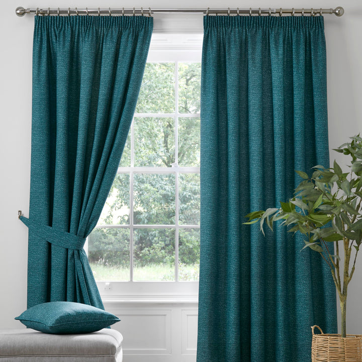 Pembrey Pair of Pencil Pleat Curtains With Tie-Backs by Dreams & Drapes in Teal - Pair of Pencil Pleat Curtains With Tie-Backs - Dreams & Drapes Curtains