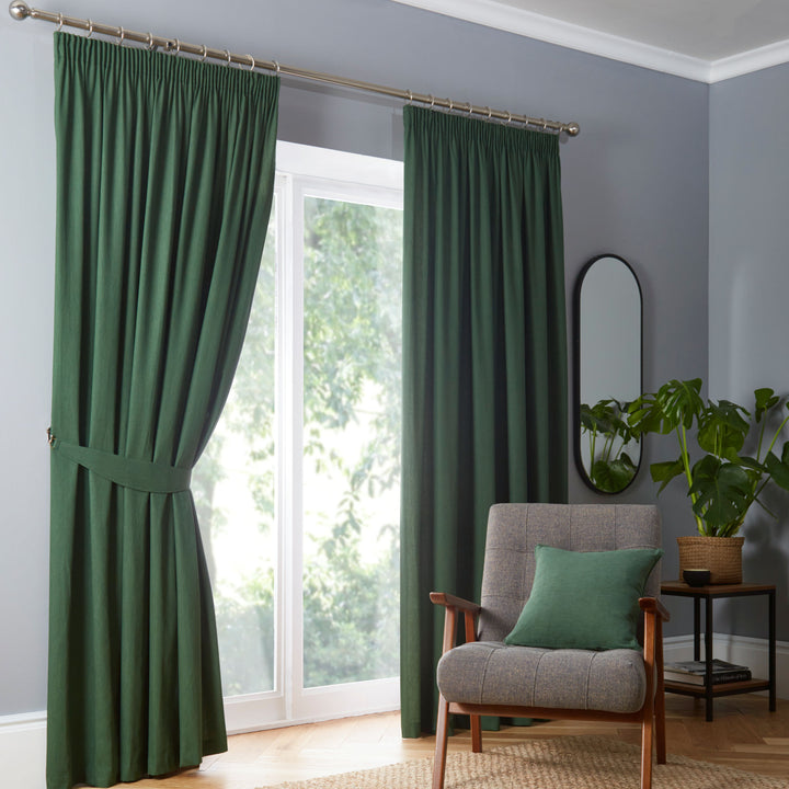 Dijon Pair of Pencil Pleat Curtains by Fusion in Bottle Green - Pair of Pencil Pleat Curtains - Fusion