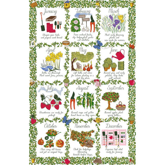 Gardeners Calendar Cotton Tea Towel in Green