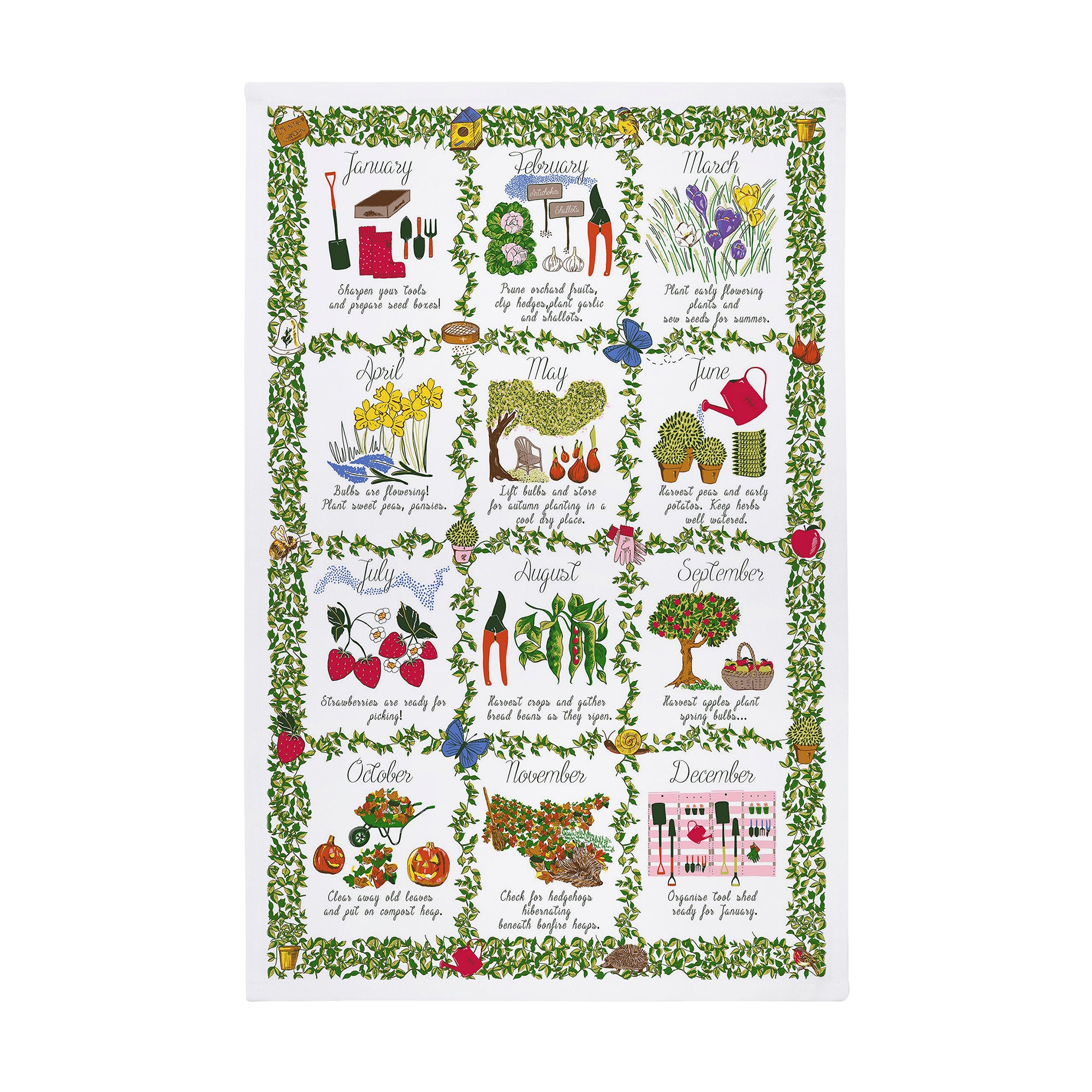 Gardeners Calendar Cotton Tea Towel in Green - Tea Towel - Ulster Weavers