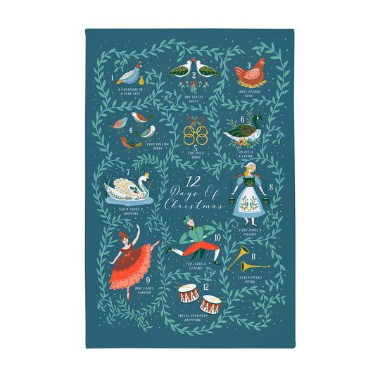 12 Days of Christmas Cotton Tea Towel in Blue