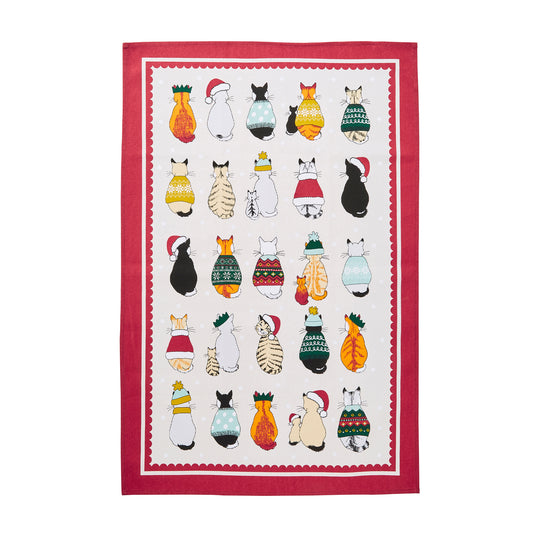 Christmas Cats in Waiting Cotton Tea Towel in Red