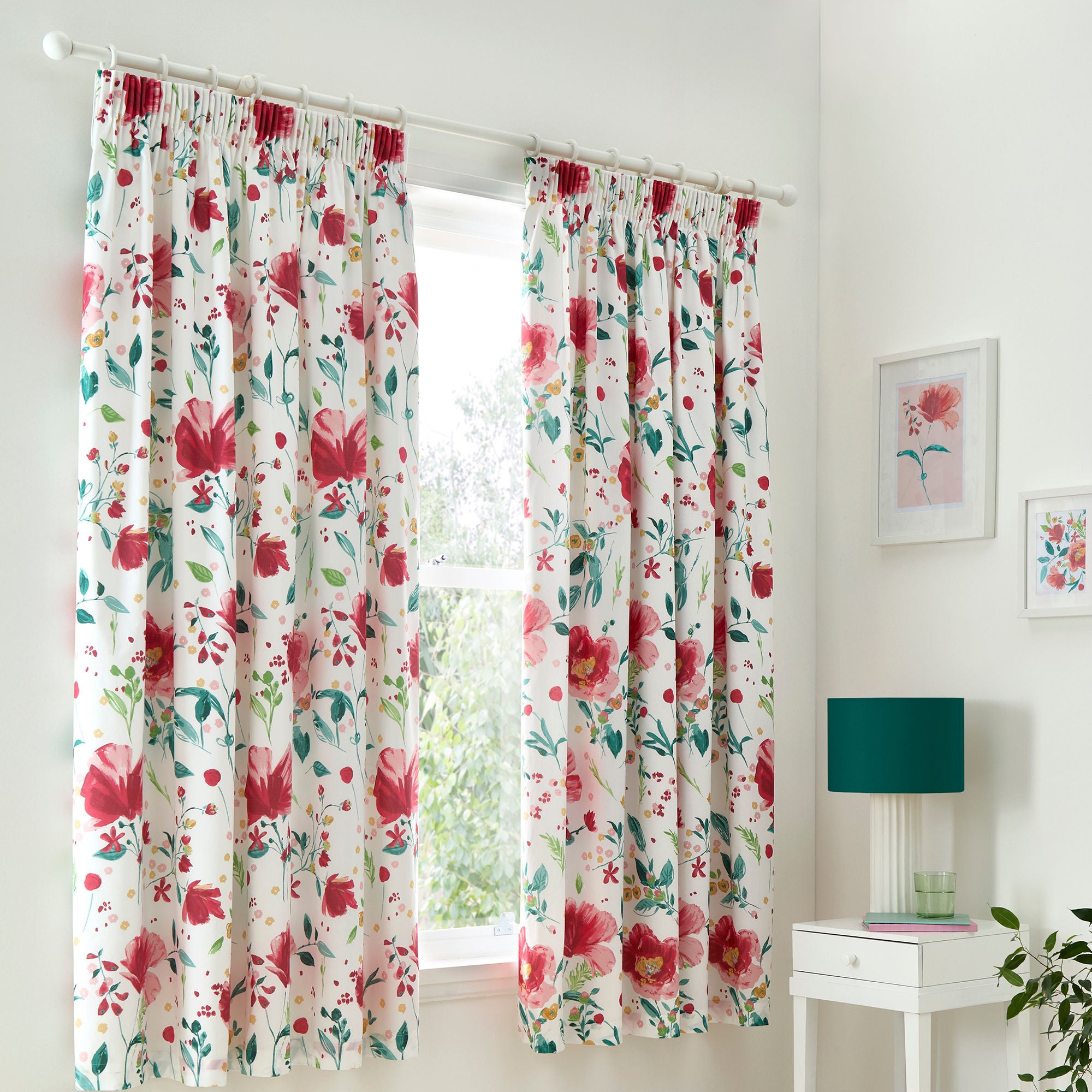 Abstract Poppy Pair of Pencil Pleat Curtains in Red - Pair of Pencil Pleat Curtains - Dreams & Drapes