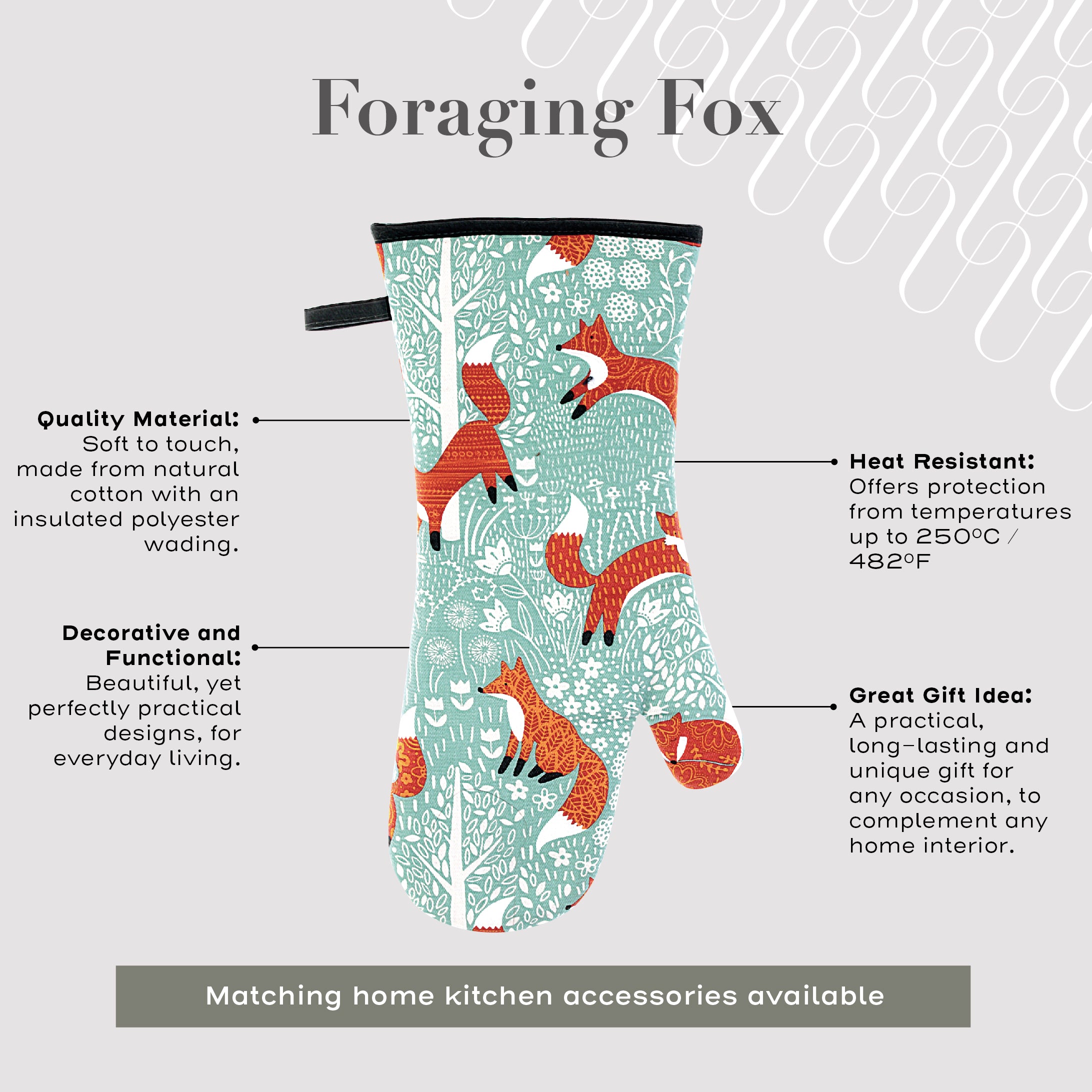 Ulster Weavers Gauntlet Single Oven Glove - Foraging Fox (100% Cotton Outer; 100% Polyester wadding; CE marked, Blue) - Gauntlet Oven Glove - Ulster Weavers