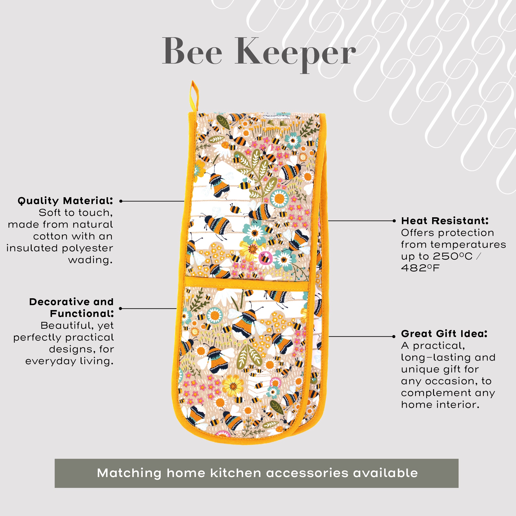 Ulster Weavers Double Oven Glove - Bee Keeper (100% Cotton Outer; 100% Polyester wadding; CE marked, Yellow) - Double Oven Glove - Ulster Weavers