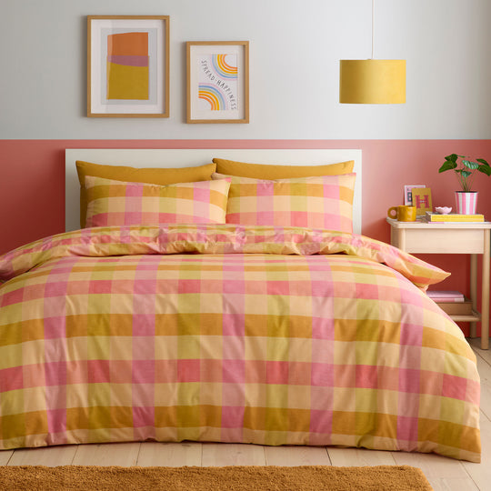 Block Check Duvet Cover Set in Orange