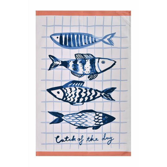 Catch of the Day Cotton Tea Towel in Orange