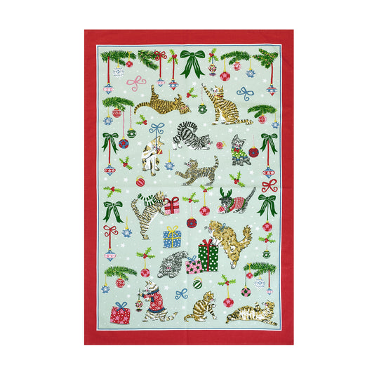 Christmas Cats Cotton Tea Towel in Seafoam