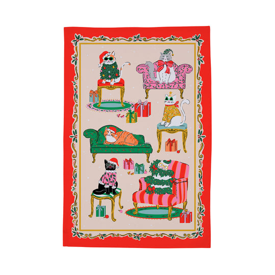Christmas Cool Cats Cotton Tea Towel in Multicolour