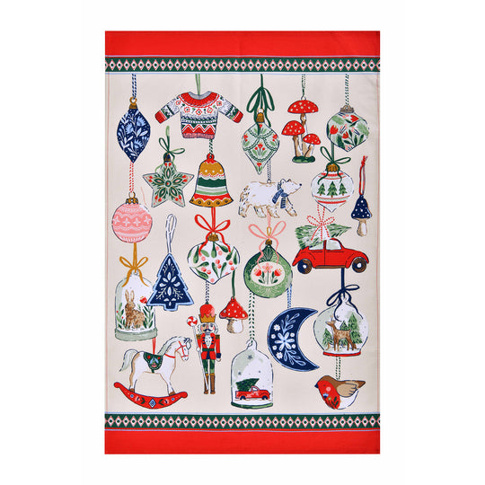 Christmas Ornaments Cotton Tea Towel in Multicolour