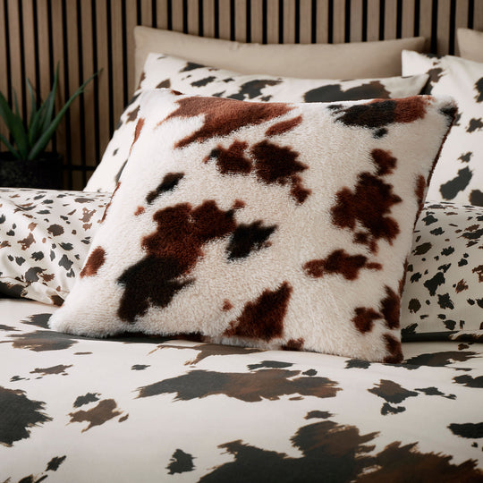 Cow Print Faux Fur Cushion in Natural 43 x 43cm