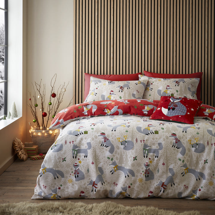 Christmas Foraging Fox Duvet Cover Set by Fusion in Red - Duvet Cover Set - Fusion