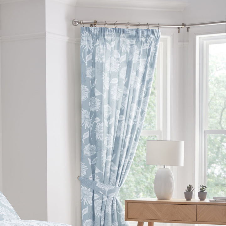 Chrysanthemum Pair of Pencil Pleat Curtains With Tie-Backs by Dreams & Drapes Design in Blue - Pair of Pencil Pleat Curtains With Tie-Backs - Dreams & Drapes Design