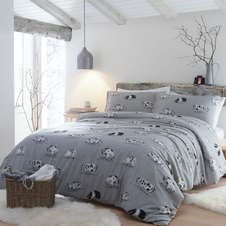 Cosy Pig Duvet Cover Set by Fusion Snug in Grey - Duvet Cover Set - Fusion Snug