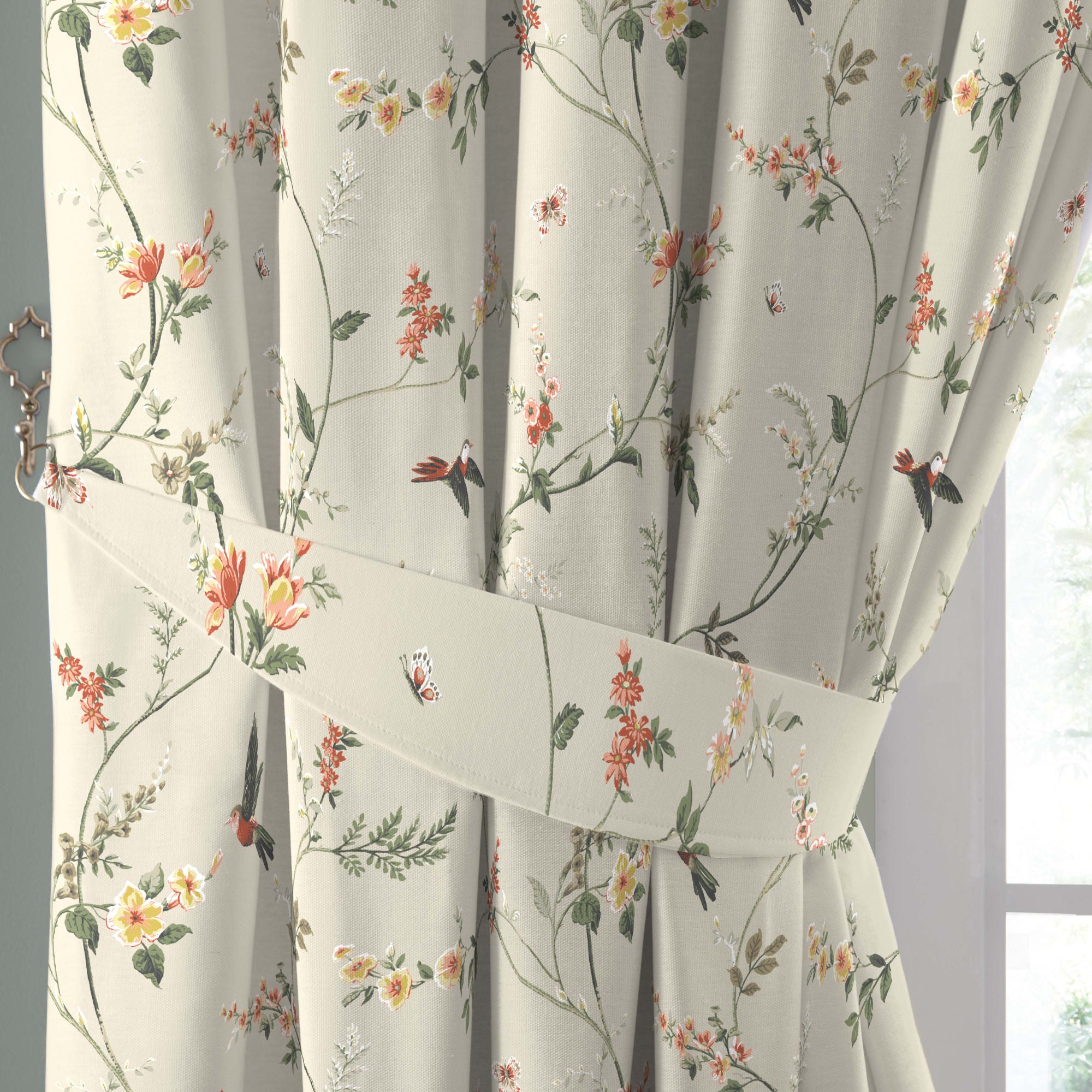 Darnley Pair of Pencil Pleat Curtains With Tie-Backs by Dreams & Drapes in Coral/Natural - Pair of Pencil Pleat Curtains With Tie-Backs - Dreams & Drapes Curtains