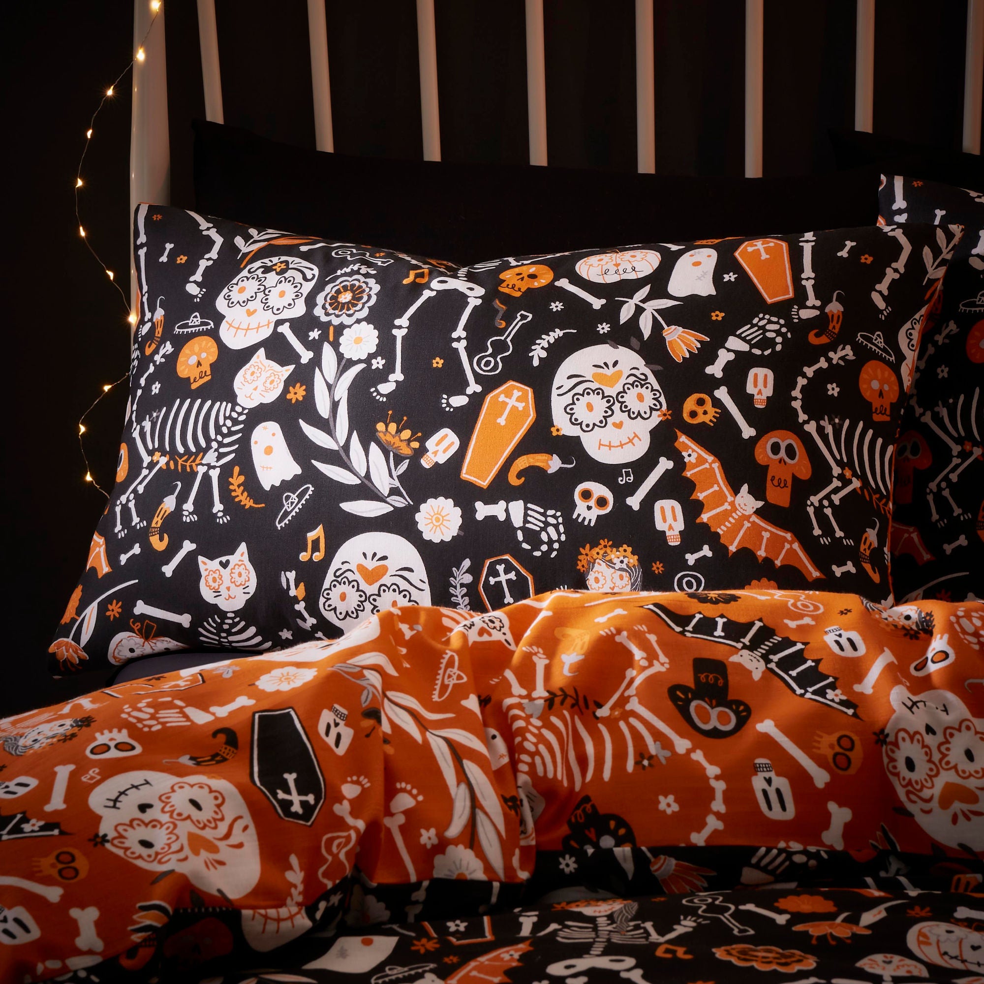 Halloween Day of the Dead Duvet Cover Set by Bedlam in Black/Orange - Duvet Cover Set - Bedlam