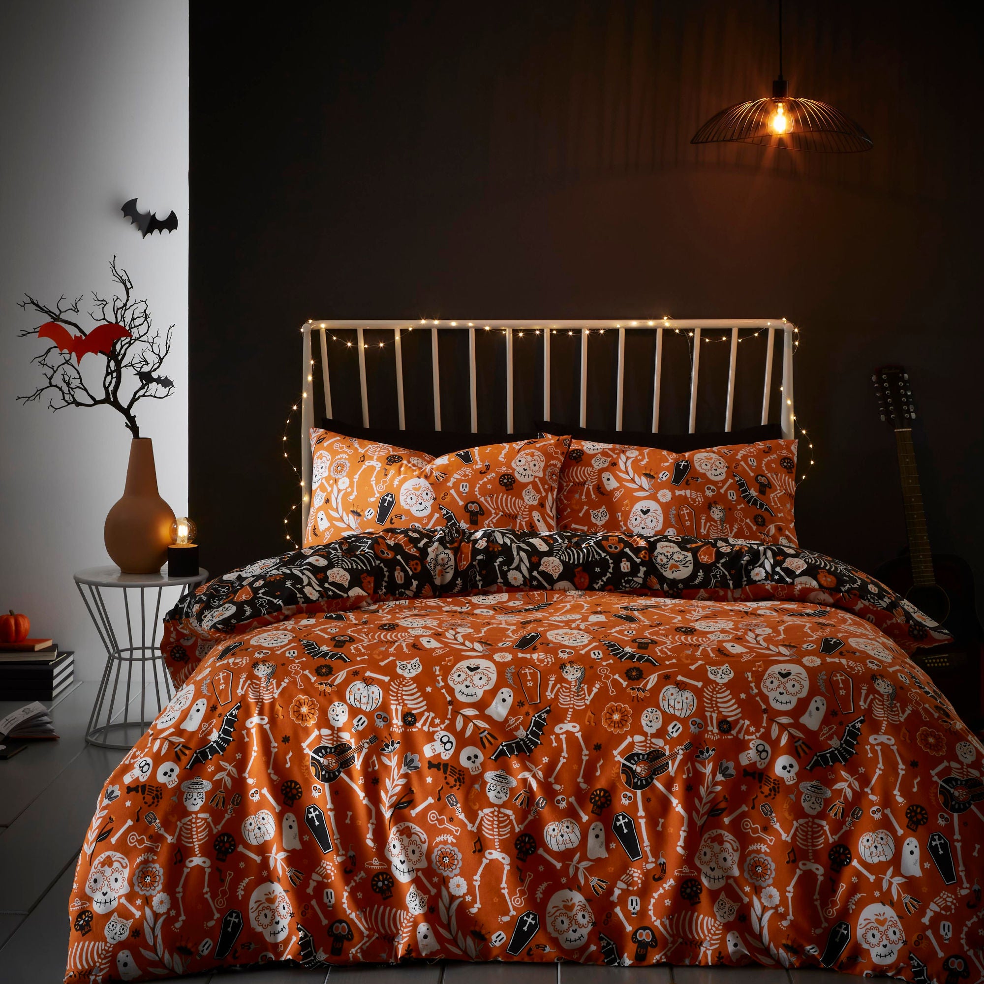 Halloween Day of the Dead Duvet Cover Set by Bedlam in Black/Orange - Duvet Cover Set - Bedlam