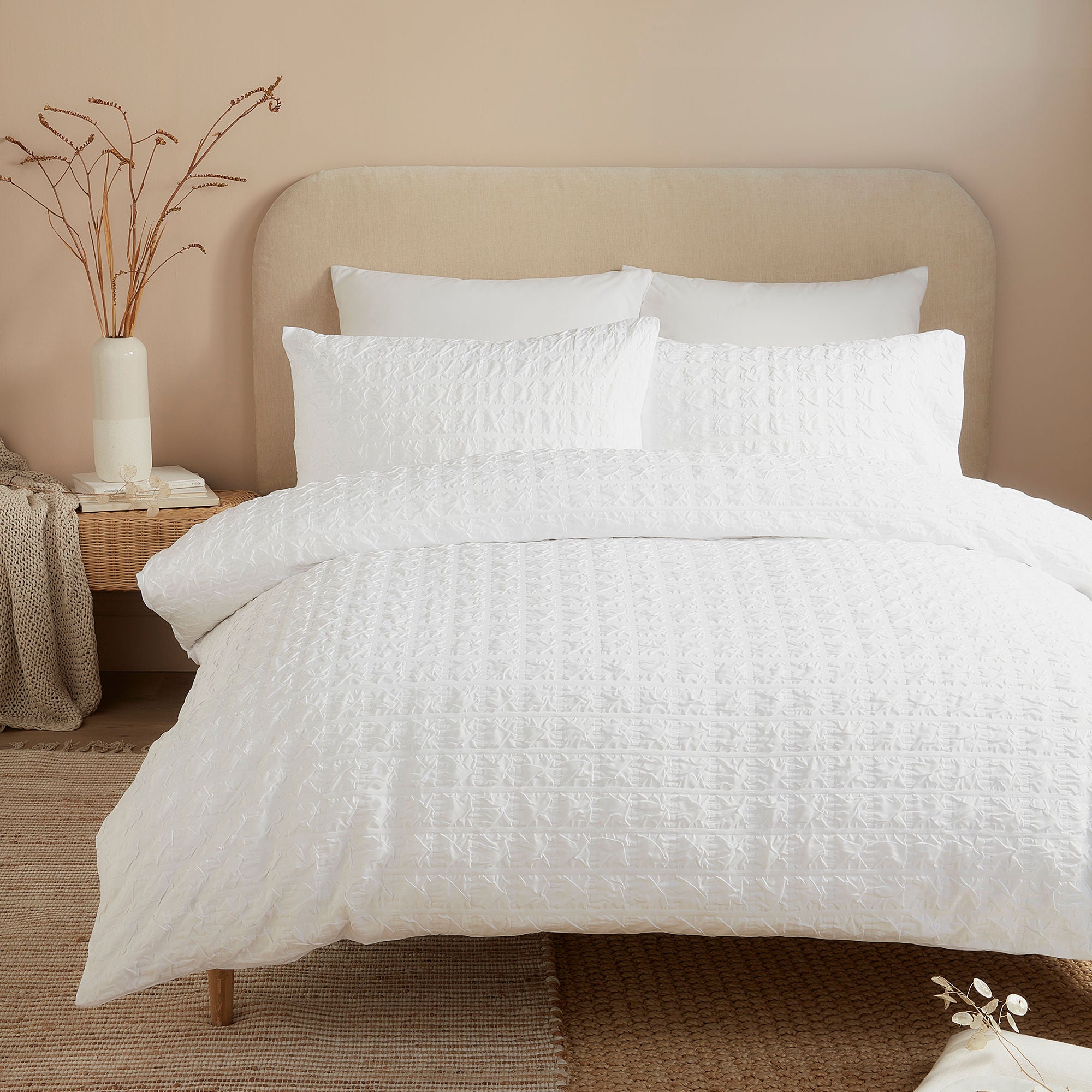 Embossed Grid Duvet Cover Set in White - Duvet Cover Set - Serene