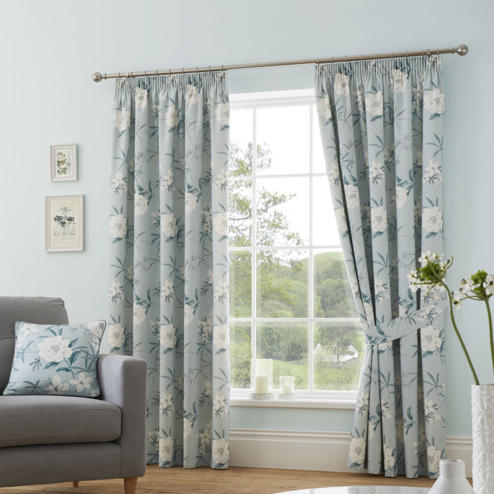 Eve Pair of Pencil Pleat Curtains With Tie-Backs by Dreams & Drapes Design in Duck Egg - Pair of Pencil Pleat Curtains With Tie-Backs - Dreams & Drapes Design