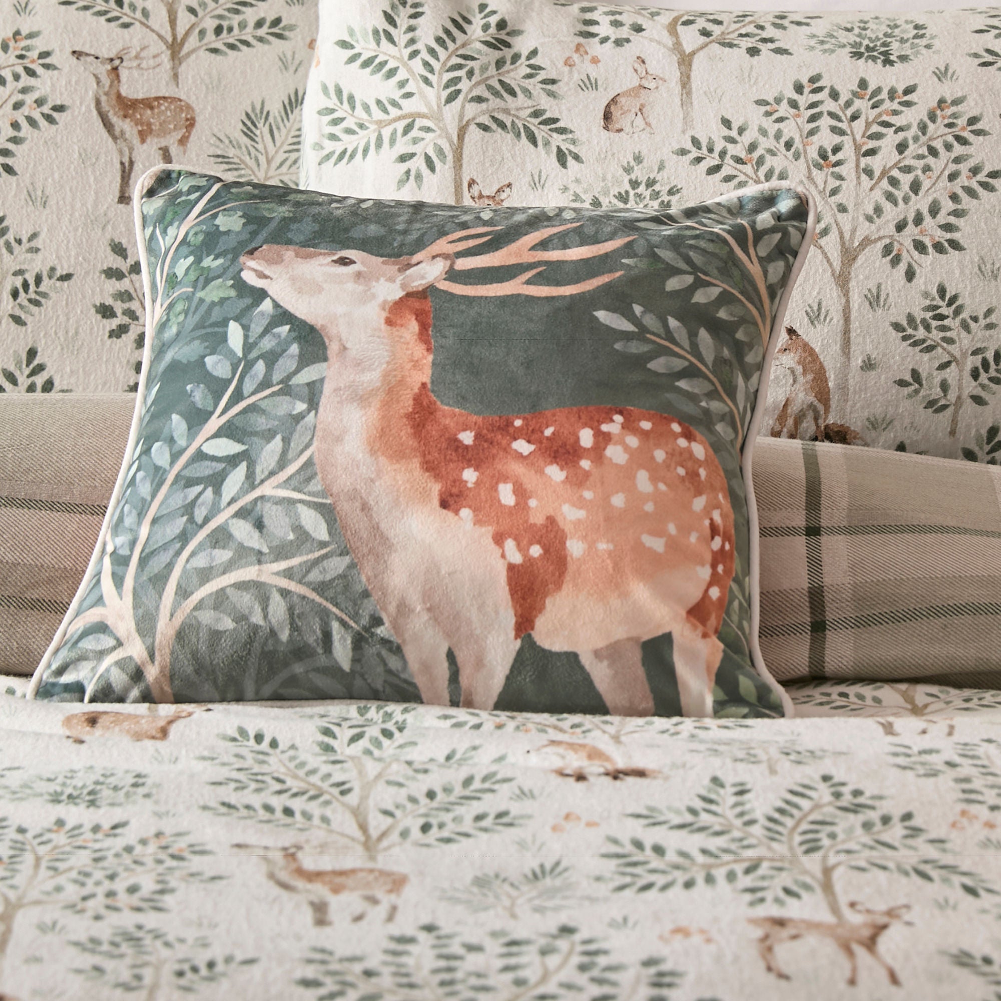 Forest Animals Cushion by Dreams & Drapes Lodge in Green 43 x 43cm - Cushion - Dreams & Drapes Lodge
