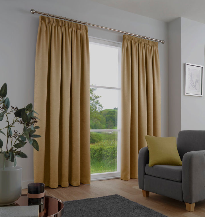 Galaxy Pair of Pencil Pleat Curtains by Fusion in Ochre - Pair of Pencil Pleat Curtains - Fusion