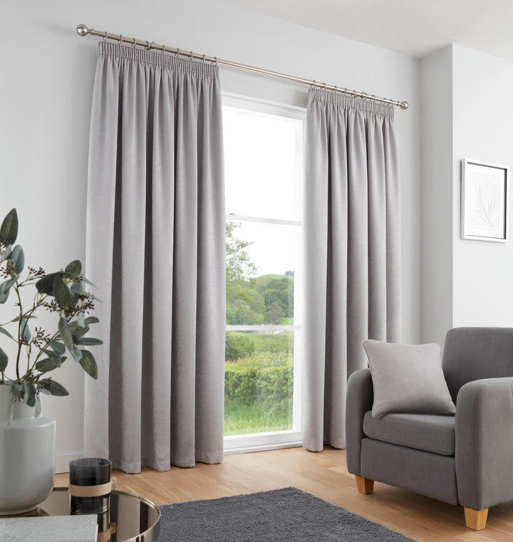 Galaxy Pair of Pencil Pleat Curtains by Fusion in Silver - Pair of Pencil Pleat Curtains - Fusion