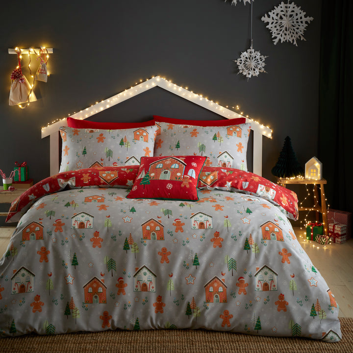 Gingerbread House Duvet Cover Set by Bedlam Christmas in Grey - Duvet Cover Set - Bedlam Christmas