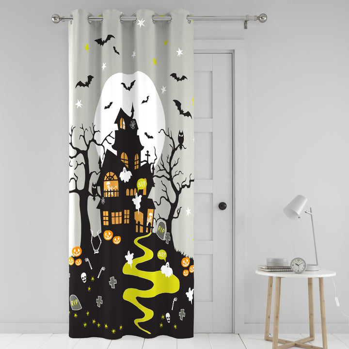 Haunted House Eyelet Single Panel Door Curtain by Bedlam in Grey - Eyelet Single Panel Door Curtain - Bedlam