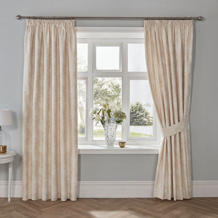 Imelda Pair of Pencil Pleat Curtains With Tie-Backs by Dreams & Drapes Woven in Ivory - Pair of Pencil Pleat Curtains With Tie-Backs - Dreams & Drapes Woven