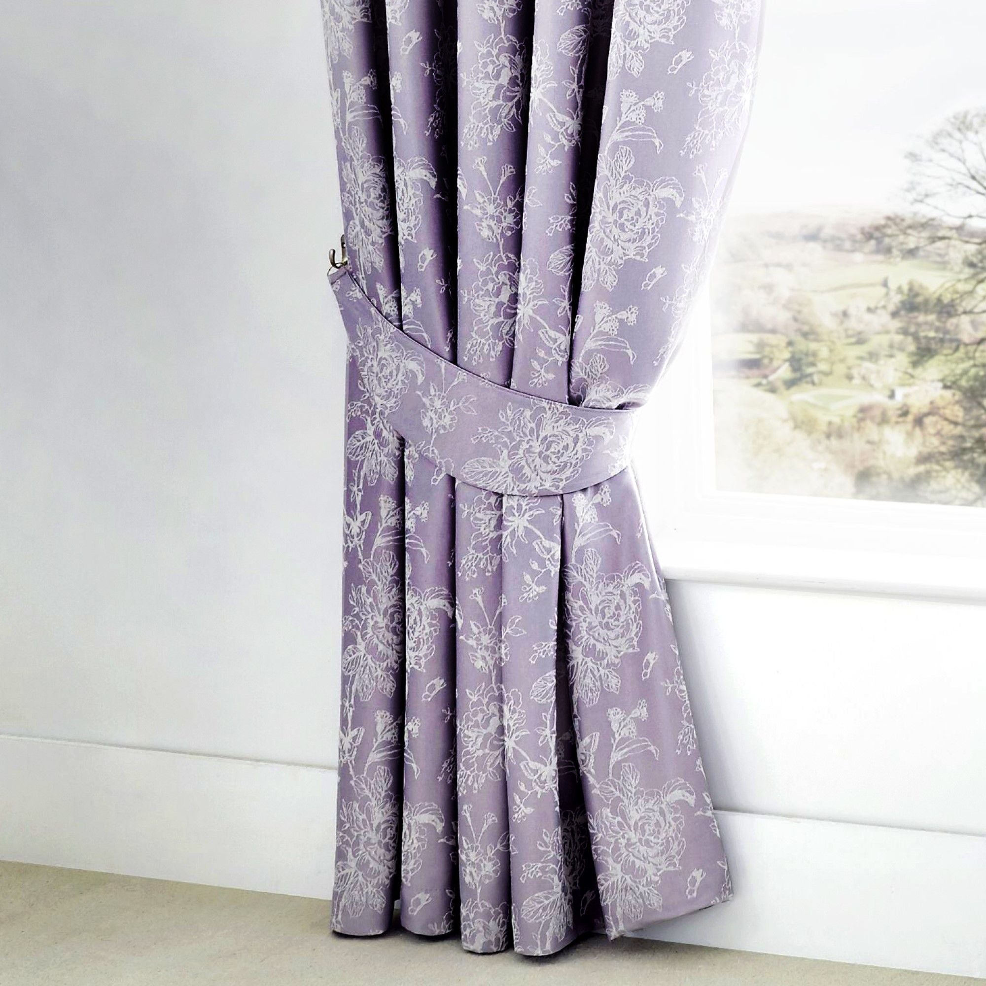 Jasmine Pair of Pencil Pleat Curtains With Tie-Backs by Dreams & Drapes Woven in Lavender - Pair of Pencil Pleat Curtains With Tie-Backs - Dreams & Drapes Woven