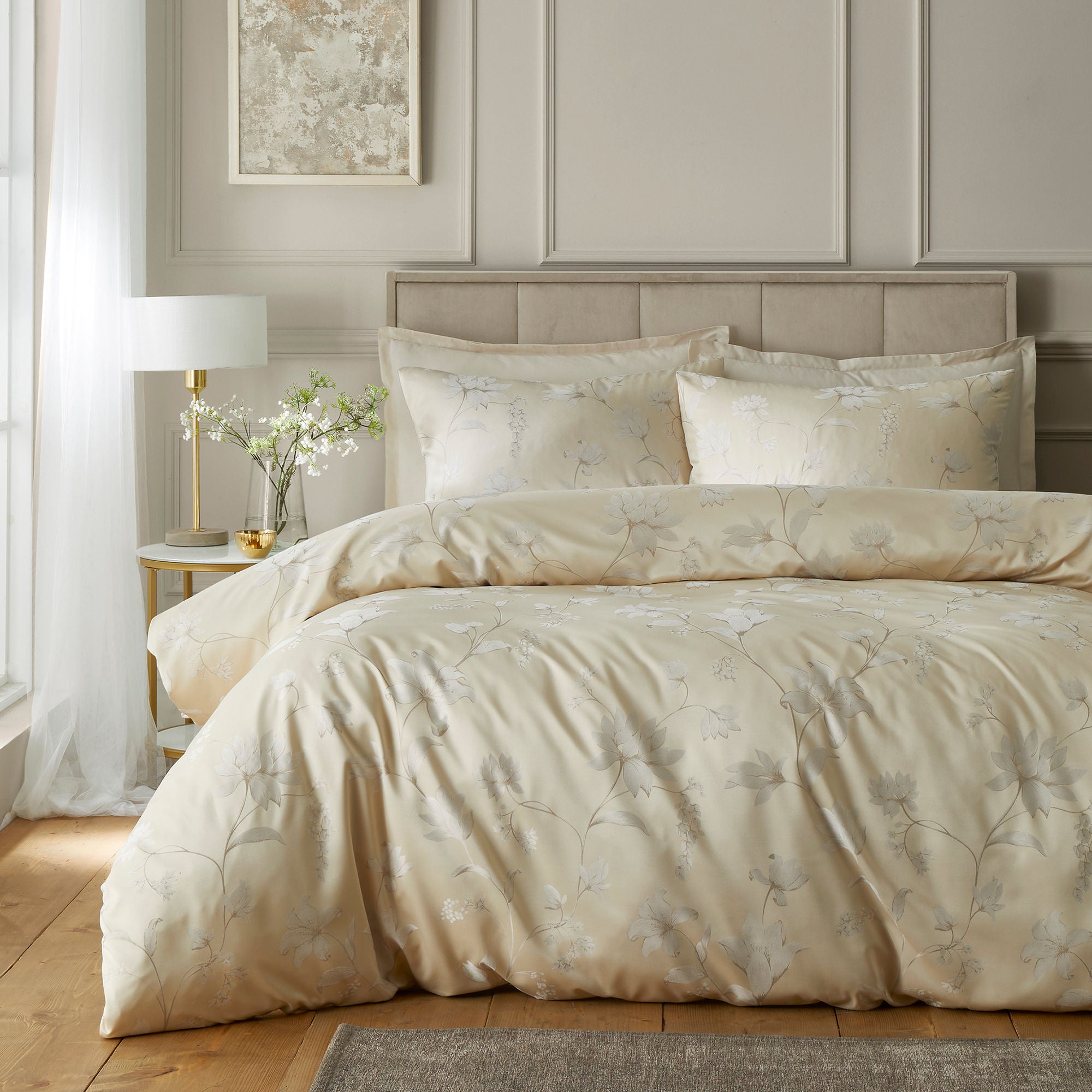 Lilly Floral Jacquard Duvet Cover Set in Champagne - Duvet Cover Set - Soiree