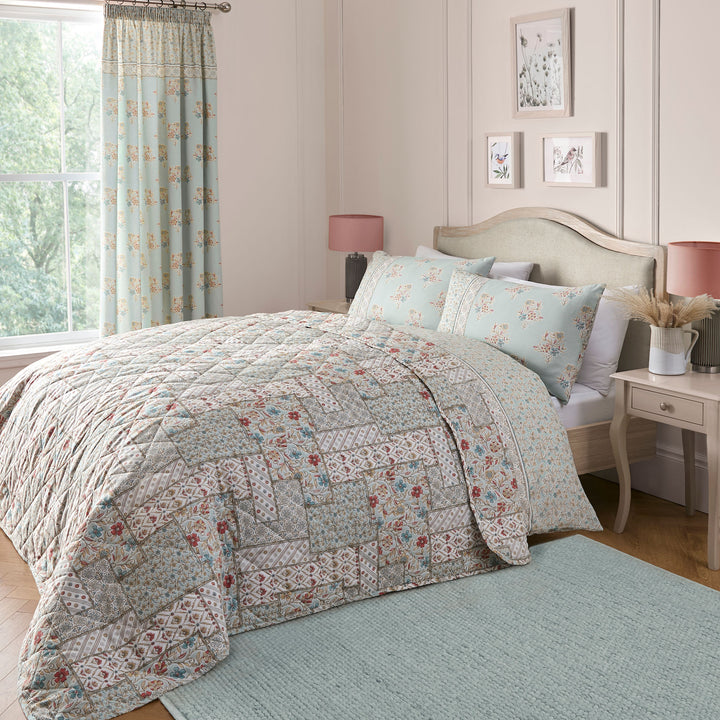 Lorena Patchwork Bedspread by Dreams & Drapes Design in Duck Egg 200cm X 230cm - Bedspread - Dreams & Drapes Design