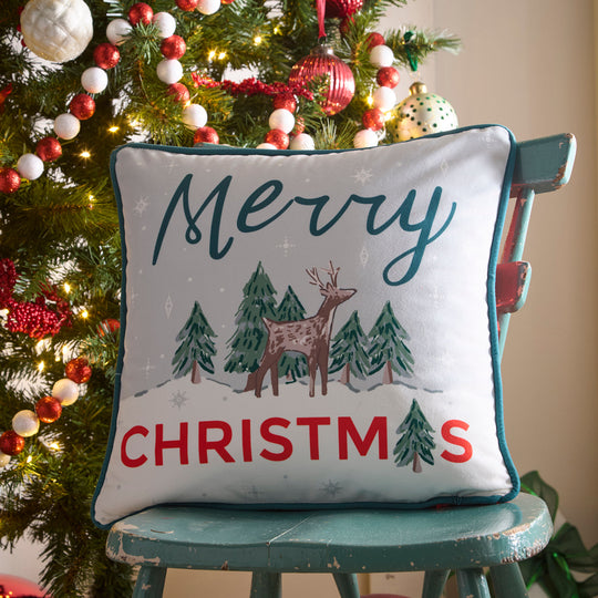 Merry Christmas Deer Cushion in Green 43 x 43cm