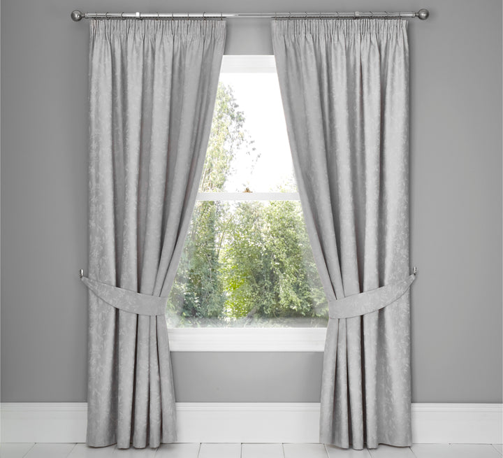 Michaela Pair of Pencil Pleat Curtains With Tie-Backs by Dreams & Drapes Woven in Silver - Pair of Pencil Pleat Curtains With Tie-Backs - Dreams & Drapes Woven