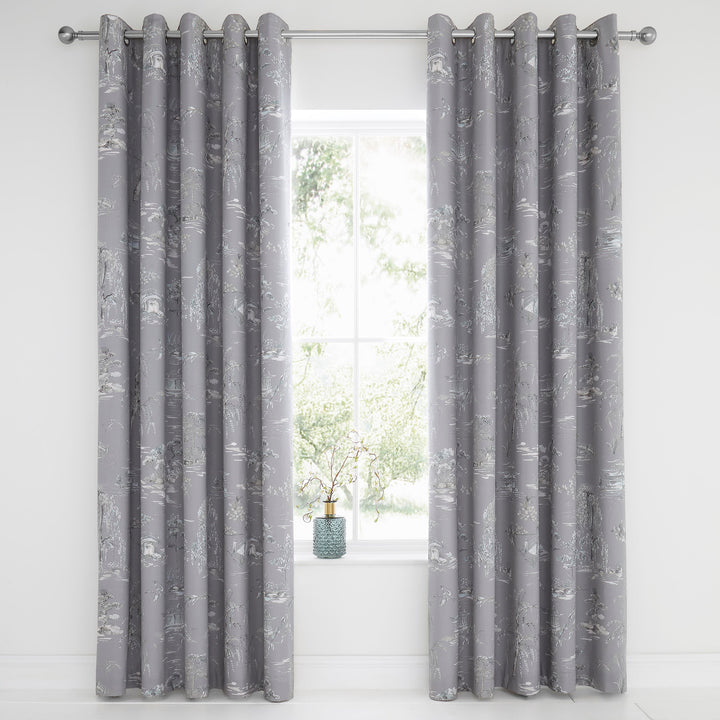 Oriental Garden Pair of Eyelet Curtains by Dreams & Drapes Design in Grey - Pair of Eyelet Curtains - Dreams & Drapes Design