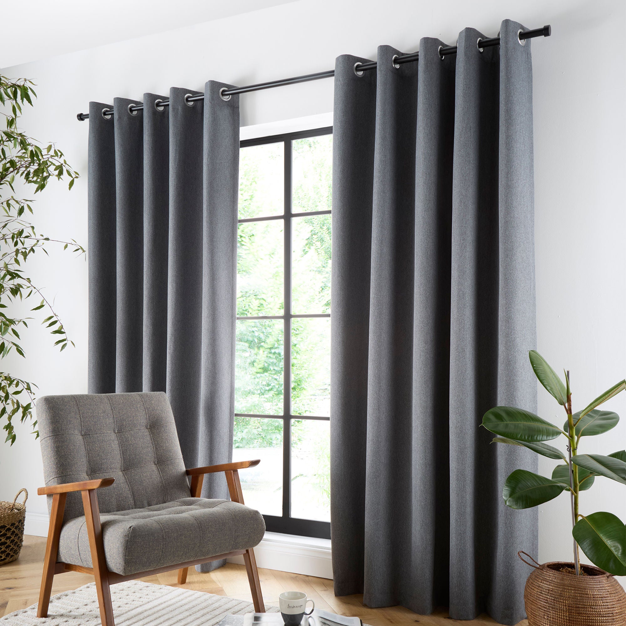 Plain Twill Pair of Eyelet Curtains in Charcoal - Pair of Eyelet Curtains - Curtina
