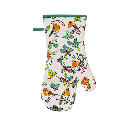 Christmas Robins Gauntlet Oven Glove in Green