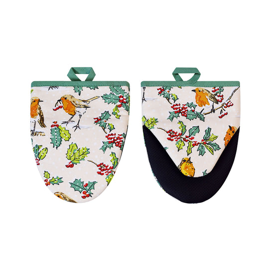 Christmas Robins Microwave Mitts Pair in Green