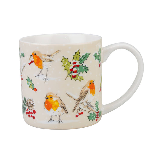 Christmas Robins Bone China Mug in Green