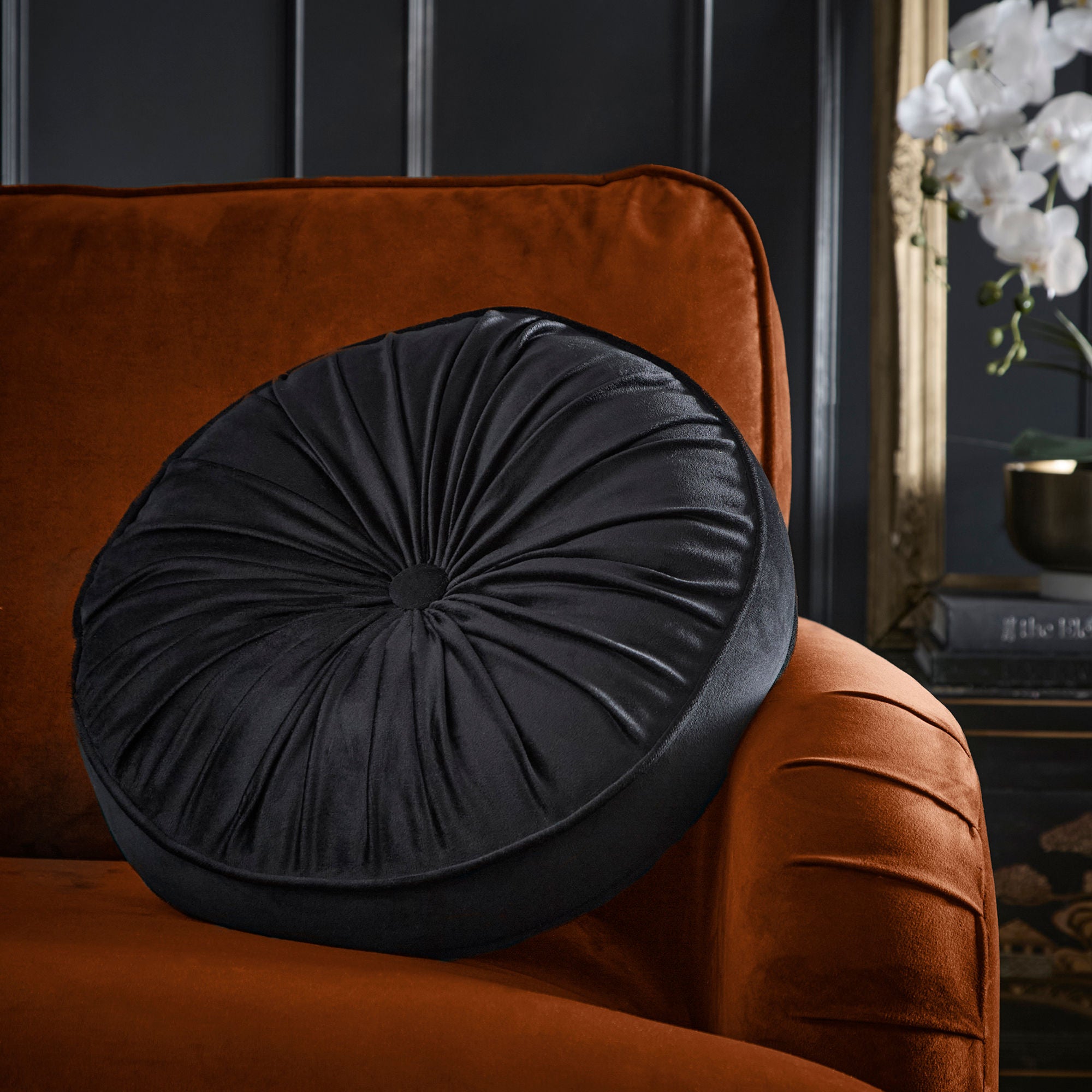 Round Pleat Round Cushion in Black 40cm - Round Cushion - Laurence Llewelyn-Bowen