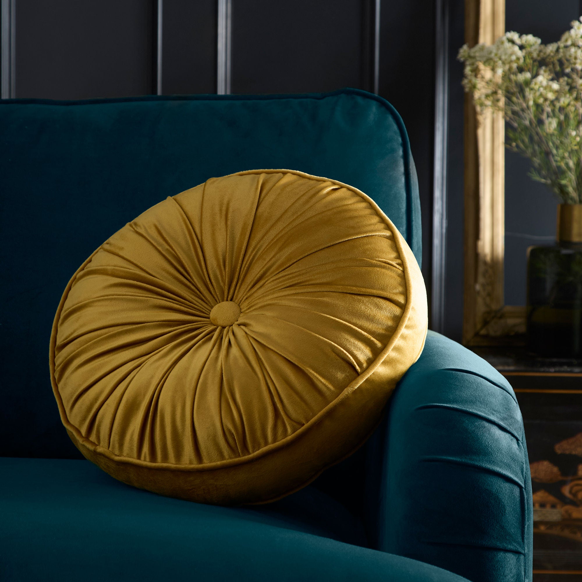 Round Pleat Round Cushion in Ochre 40cm - Round Cushion - Laurence Llewelyn-Bowen