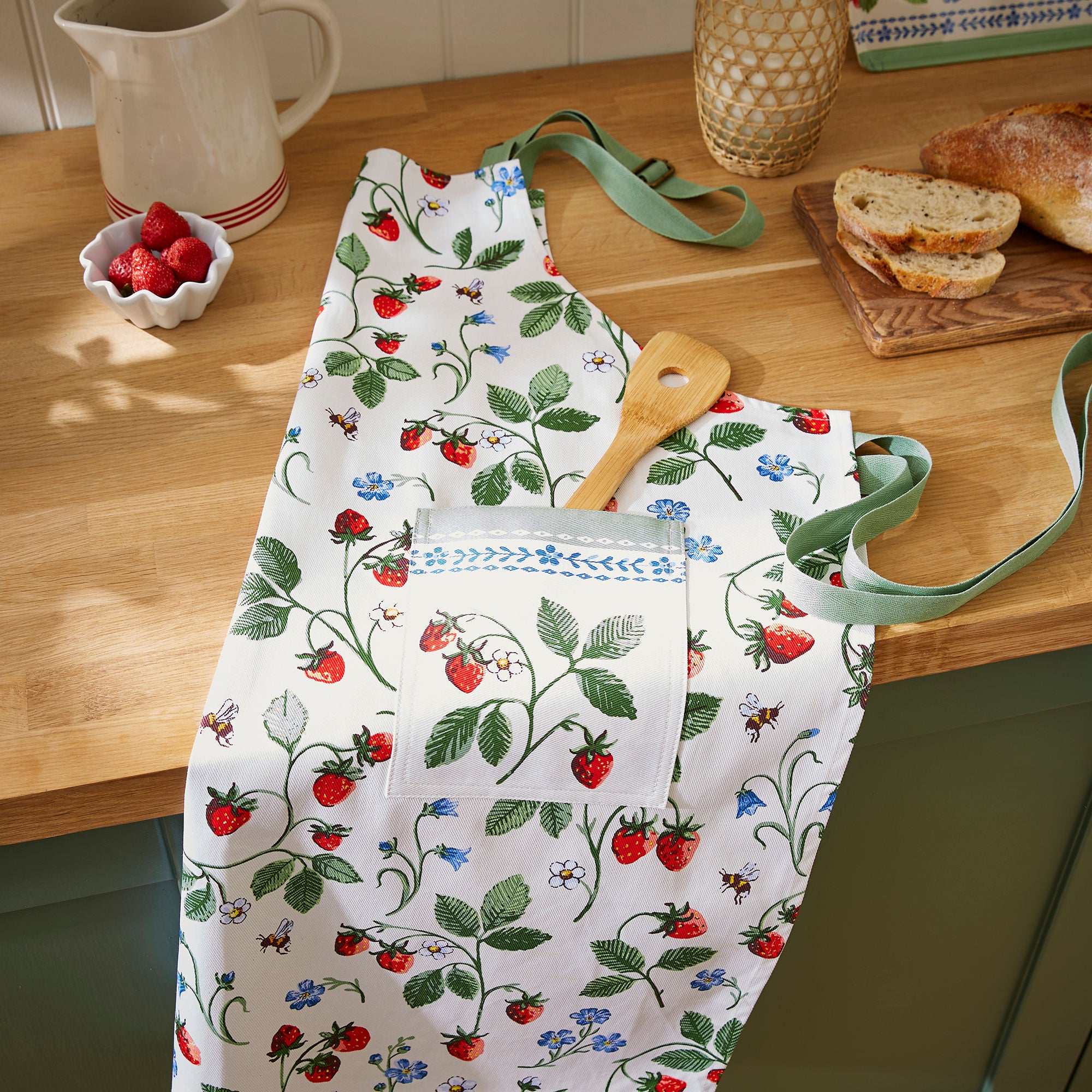 Strawberry Patch Cotton Apron in Green - Apron - Ulster Weavers