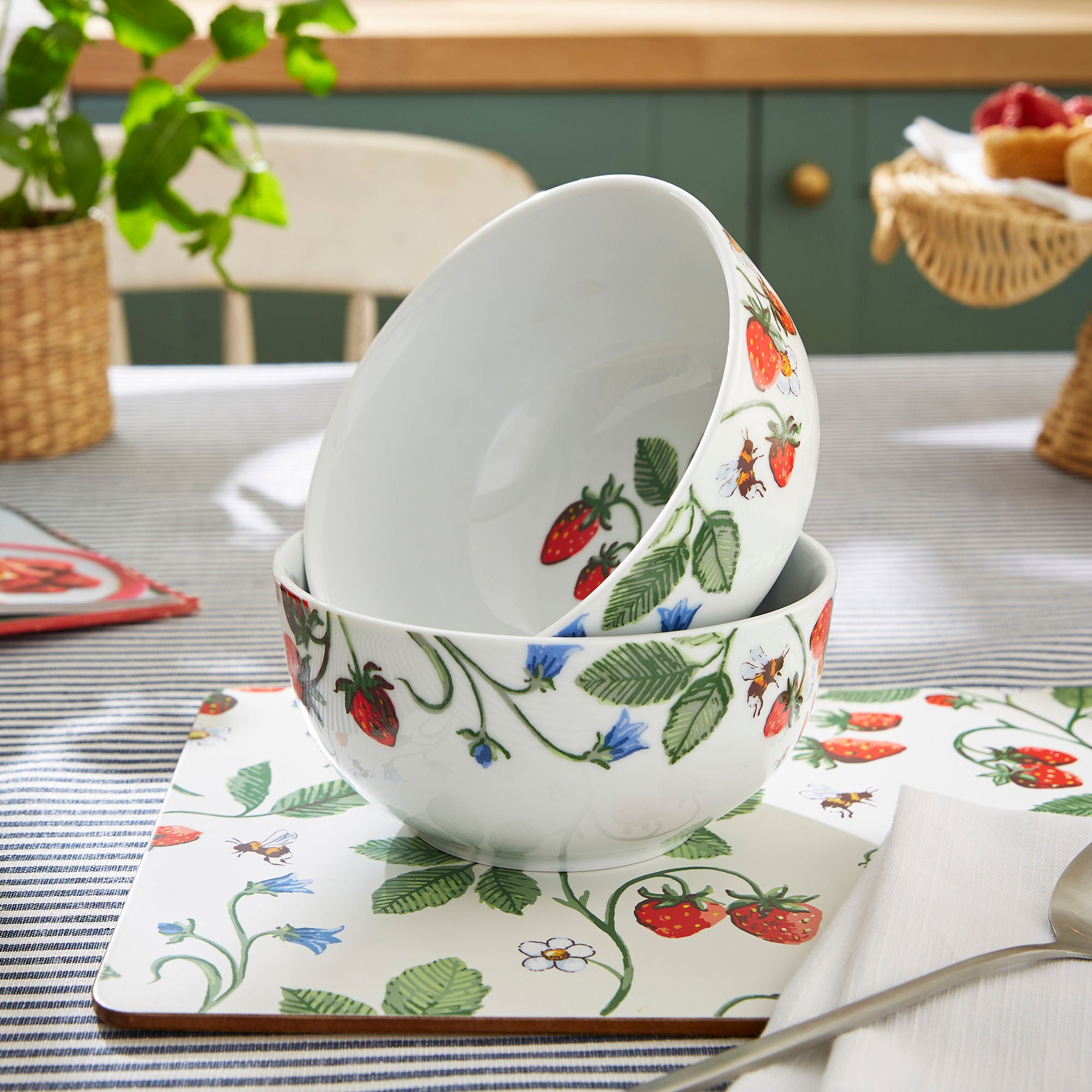 Strawberry Patch Porcelain Bowl in Green - Bowls - Ulster Weavers