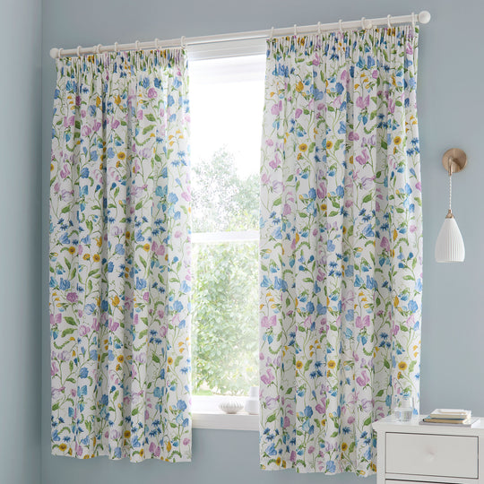 Sweetpea Floral Pair of Pencil Pleat Curtains in Lilac