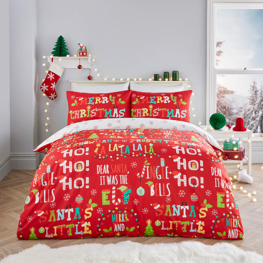Santa's Little Helper Christmas Duvet Cover Set in Red
